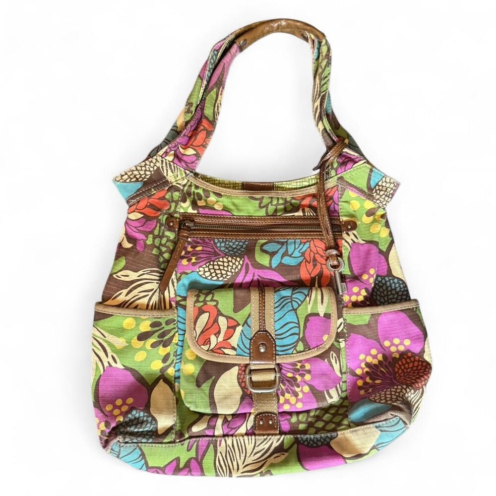 Vintage Fossil Key-Per Floral Canvas Hobo Bag Boho Y2K Leather Trim Shoulder Bag